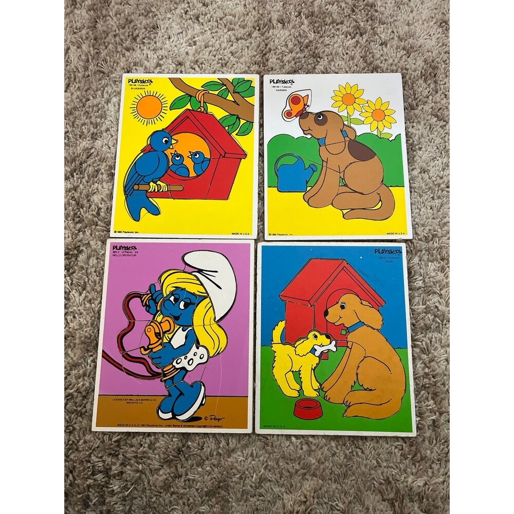 Vintage Playskool Wood Board Puzzle Lot 4pc 1982 Smurfette Telephone Dogs Birds